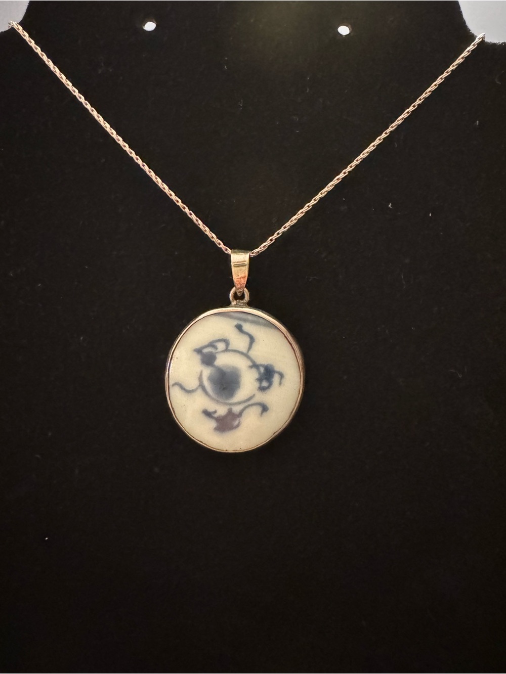 Sterling Silver Blue & White Ceramic Pendant Necklace - Artisan Pottery Jewelry